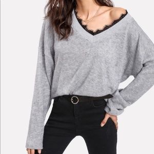 Shein gray sweater with black lace collar